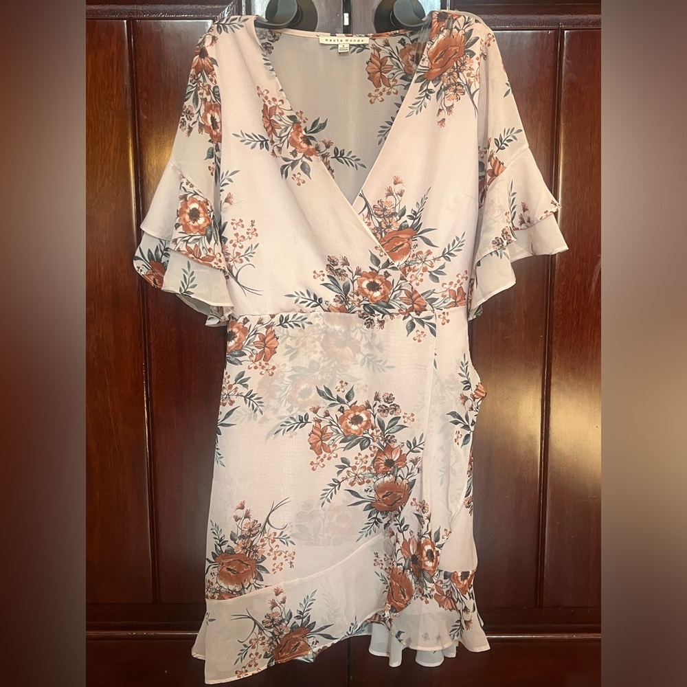 Haute Monde- Sheer Light Pink, Burnt Orange Floral Rose Dress: Size S